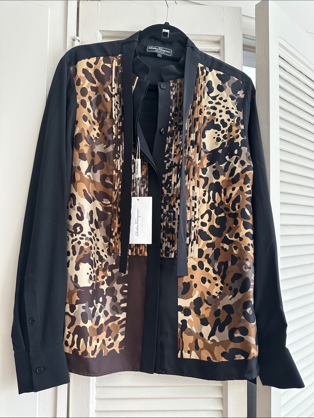 Salvatore Ferragamo Women Black Shirt with front Brown Leopard-Print Panels